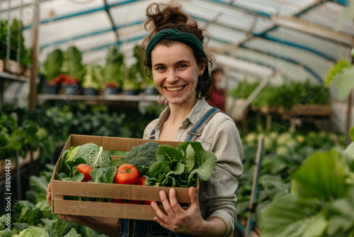 Female farmer smiling with box of fresh vegetables in greenhouse.