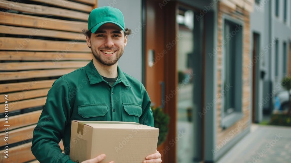 Happy Courier Delivering Package to Customer's Home on a Sunny Day Happy Courier Delivering Package to Customer's Home on a Sunny Day