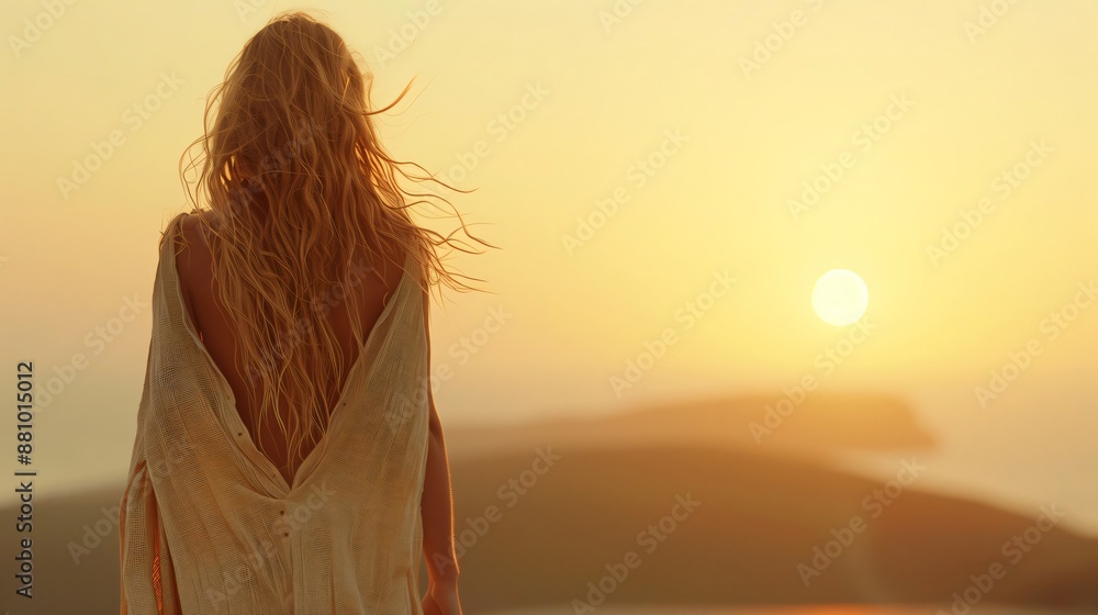 Fototapeta premium Young woman with long blonde hair stands on a hill, gazing at the sunset, feeling peaceful and inspired by nature's beauty during summer evenings