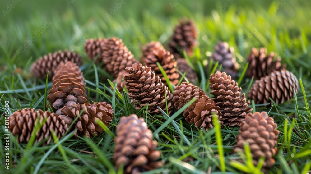 Collection of larch cones scattered on fresh green grass Collection of larch cones scattered on fresh green grass