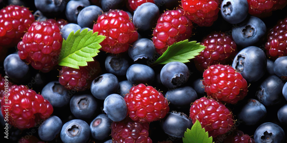 Juicy and fresh raspberries and blueberries with green leaves as food background. Juicy and fresh raspberries and blueberries with green leaves as food background.