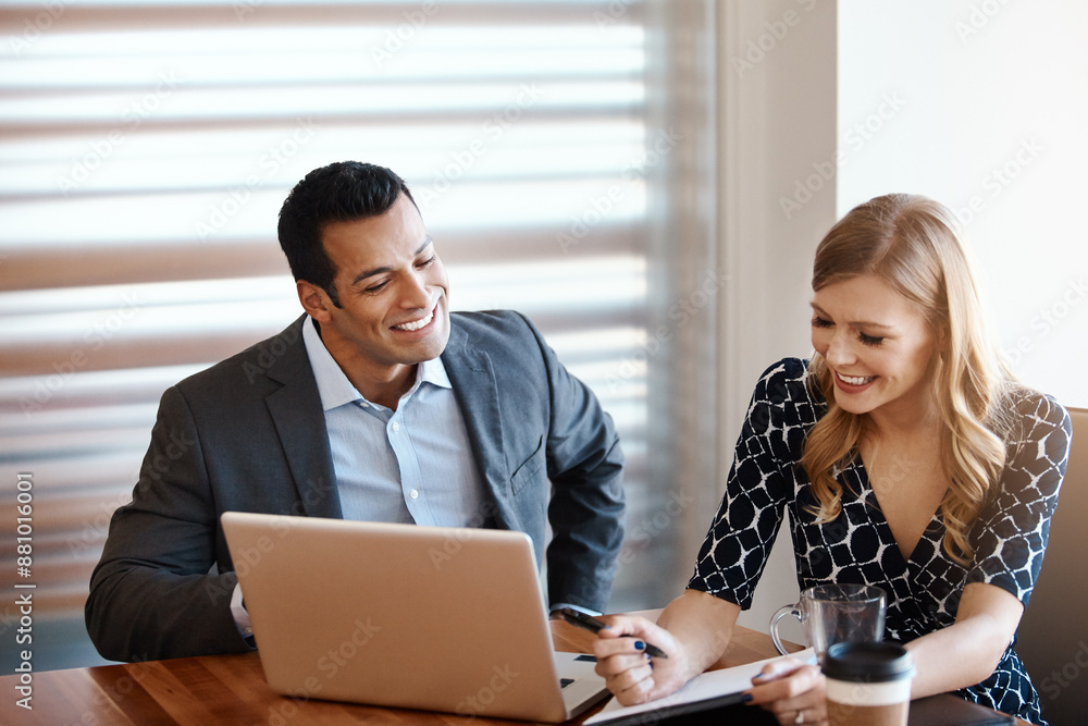 Businessman, woman and conversation with laptop in office for real estate partnership, meeting and discussion on due diligence. Investors, tech and talk on return of investment and property valuation Businessman, woman and conversation with laptop in office for real estate partnership, meeting and discussion on due diligence. Investors, tech and talk on return of investment and property valuation