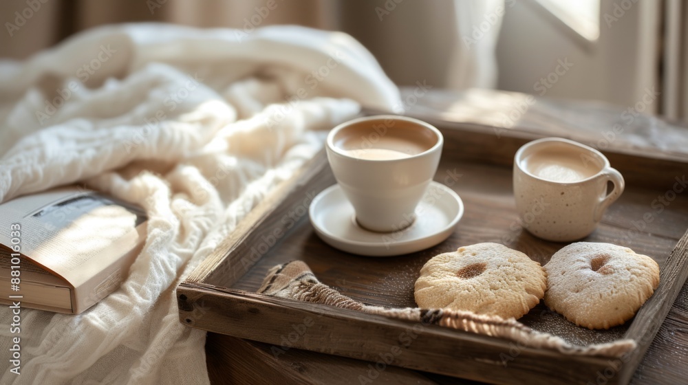 Cup of coffee on a wooden tray, accompanied by a small plate of cookies or a book Cup of coffee on a wooden tray, accompanied by a small plate of cookies or a book