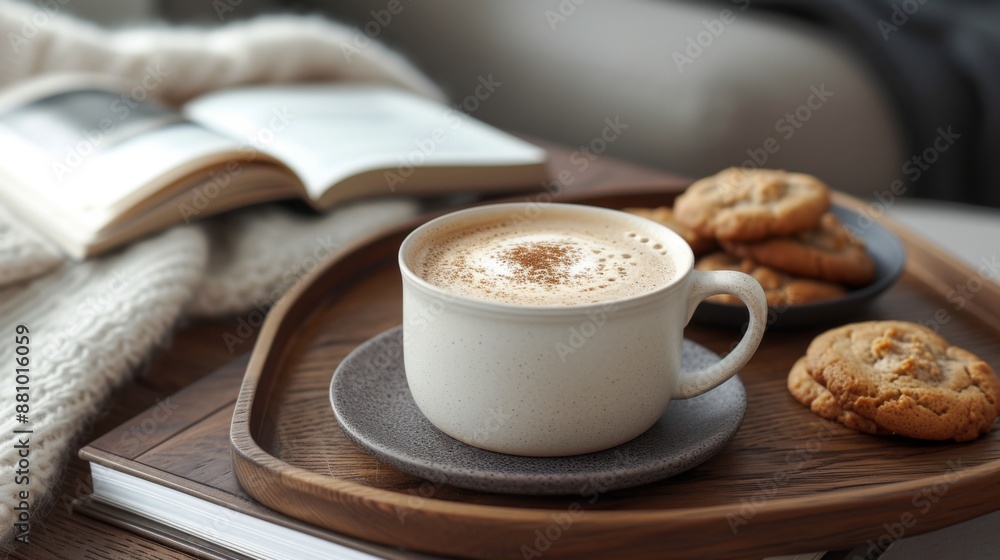 Cup of coffee on a wooden tray, accompanied by a small plate of cookies or a book Cup of coffee on a wooden tray, accompanied by a small plate of cookies or a book