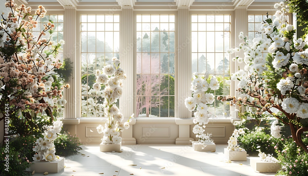 A serene spring garden-themed 3D art gallery with floral sculptures and natural light A serene spring garden-themed 3D art gallery with floral sculptures and natural light