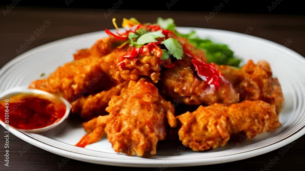 Deliciously crispy chicken wings with spicy sauce and fresh herbs Deliciously crispy chicken wings with spicy sauce and fresh herbs