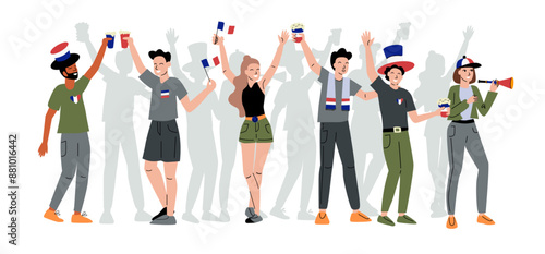 French fans illustration. People cheering with France flags. Vector illustration isolated on white background. Sport and soccer celebration.