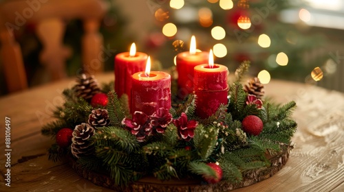 Candles on a Christmas wreath made of greenery and pine cones. The wooden table has warm lighting, creating a cozy atmosphere.