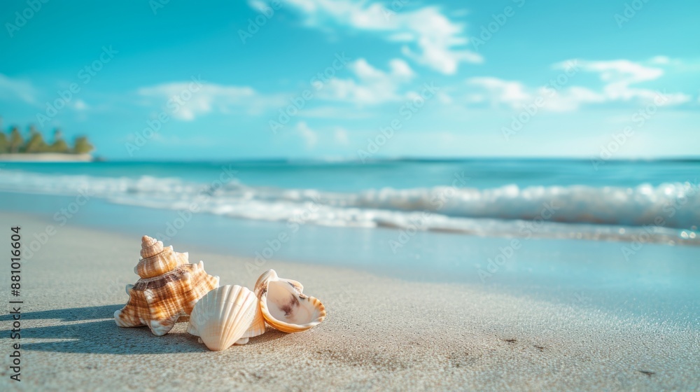 Picturesque beach scene, capturing the beauty of the sandy shores, clear blue waters, and a bright sky Picturesque beach scene, capturing the beauty of the sandy shores, clear blue waters, and a bright sky