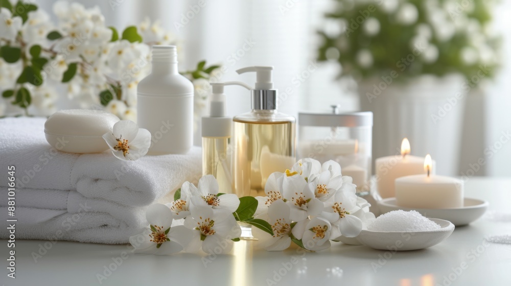 Elegant arrangement of spa cosmetics on a pristine white table Elegant arrangement of spa cosmetics on a pristine white table