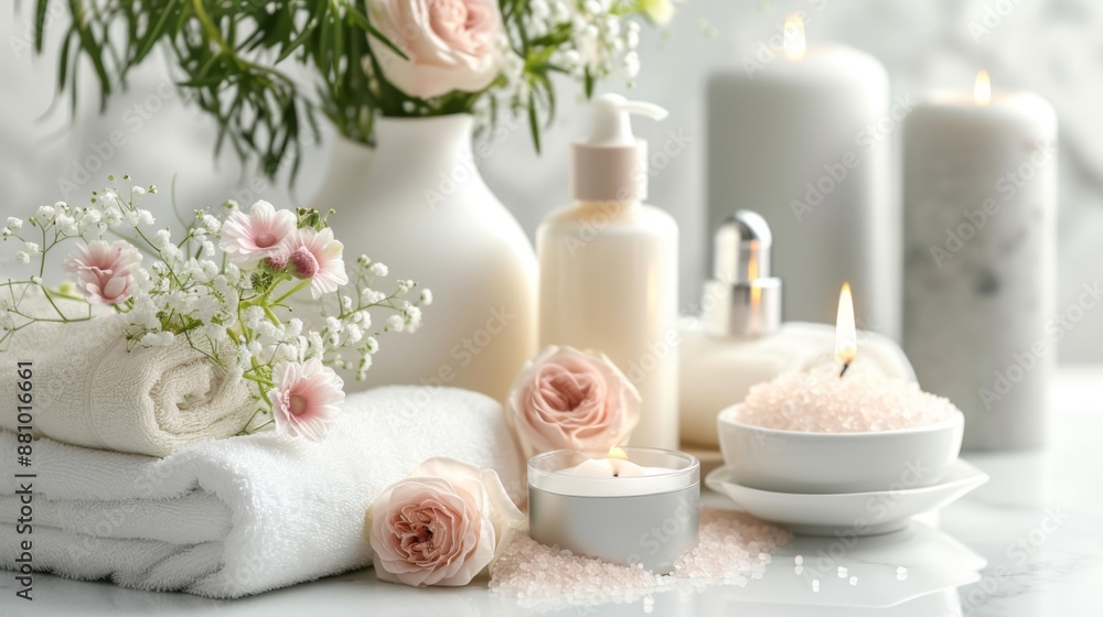 Elegant arrangement of spa cosmetics on a pristine white table Elegant arrangement of spa cosmetics on a pristine white table