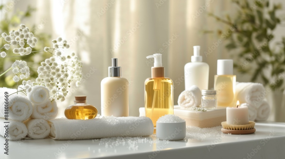 Elegant arrangement of spa cosmetics on a pristine white table Elegant arrangement of spa cosmetics on a pristine white table