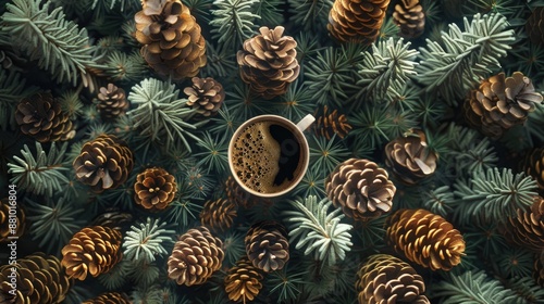 Aerial view of hot coffee in forest among cones