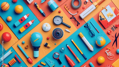 20. Imagination upgrade toolkit in flat design style, extreme close-up, contrast, selective color effect, direct light, bold colors