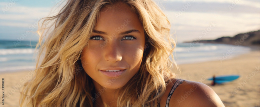 Portrait of beautiful blonde surfer girl on the beach Portrait of beautiful blonde surfer girl on the beach