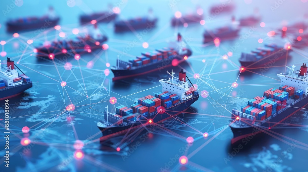 Network diagram with container ships as nodes, global logistics concept ...