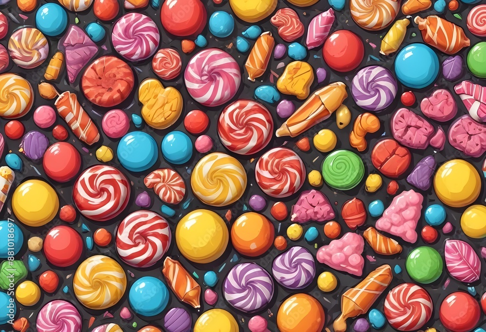 Fototapeta premium Large amount of assorted colorful candies and sweets on a side of a monochrome background, spiral lollipops and candies, fruit shaped candies, hard, soft candies, moue, caramel, chocolates, drawing