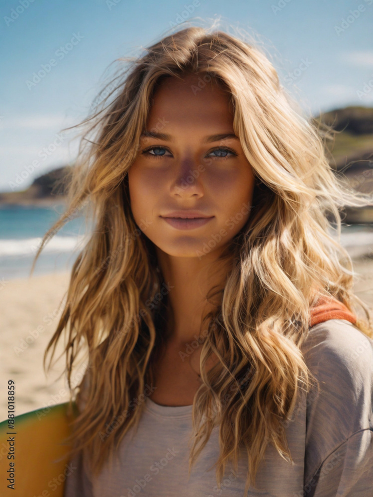 Portrait of beautiful blonde surfer girl on the beach Portrait of beautiful blonde surfer girl on the beach