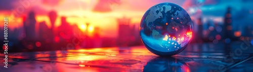 A glass globe sits on a colorful, blurred background.