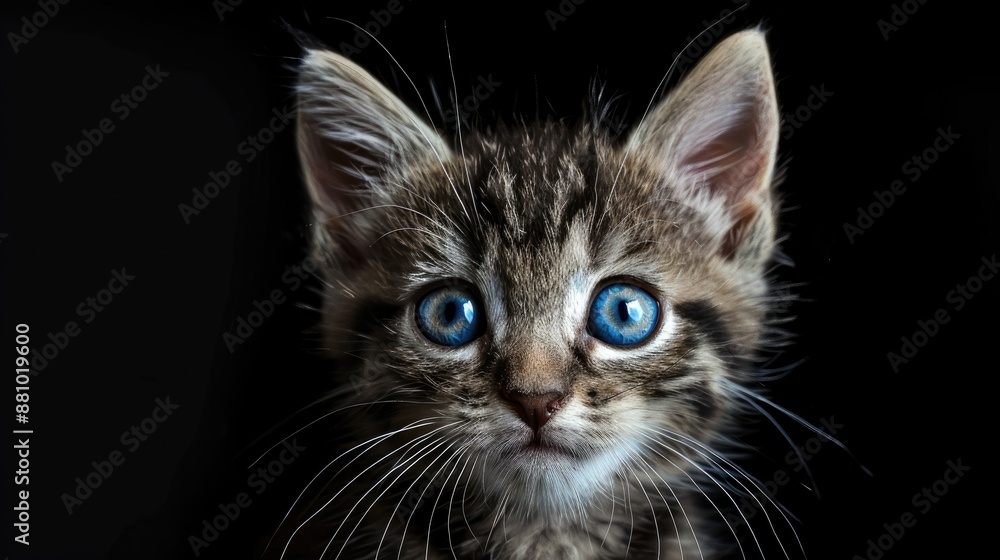 Portrait of a lovely grey striped kitten with blue eyes against a black backdrop Portrait of a lovely grey striped kitten with blue eyes against a black backdrop
