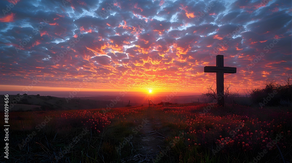 Vibrant sunset and silhouetted cross.
Vibrant sunset and silhouetted cross.