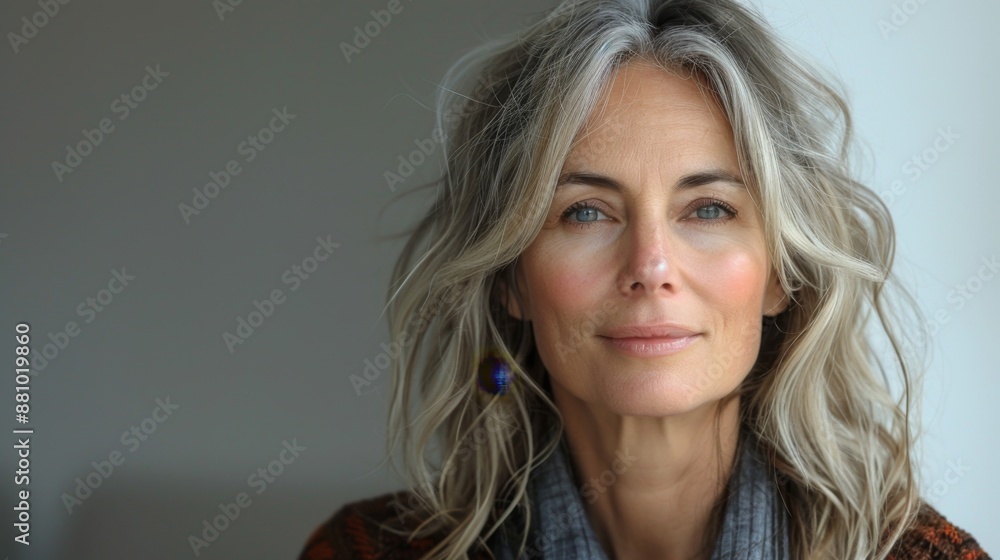 portrait of beautiful caucasian woman 45-55 years old with long hair looking at camera with well-groomed skin, copyspace portrait of beautiful caucasian woman 45-55 years old with long hair looking at camera with well-groomed skin, copyspace