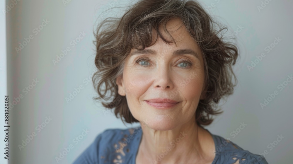 portrait of a beautiful middle-aged Caucasian woman with well-skinned face looks at the camera, studio portrait, white background. portrait of a beautiful middle-aged Caucasian woman with well-skinned face looks at the camera, studio portrait, white background.