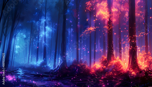 Wallpaper Mural neon magic fairy forest glade scenery in the night, wood wallpaper with vivid lights Torontodigital.ca