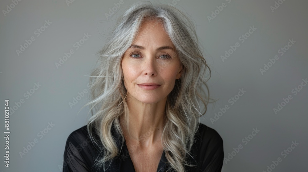 portrait of beautiful cheerful caucasian woman model 40-50 years old with long blonde hair looking at camera white background portrait of beautiful cheerful caucasian woman model 40-50 years old with long blonde hair looking at camera white background
