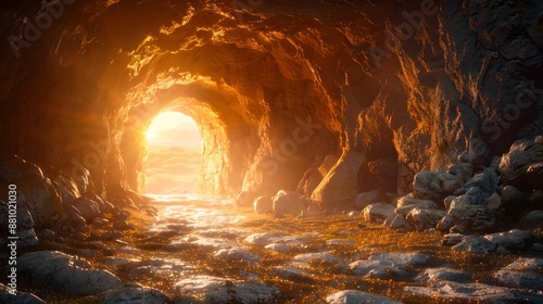 Empty tomb, light symbolizing hope.