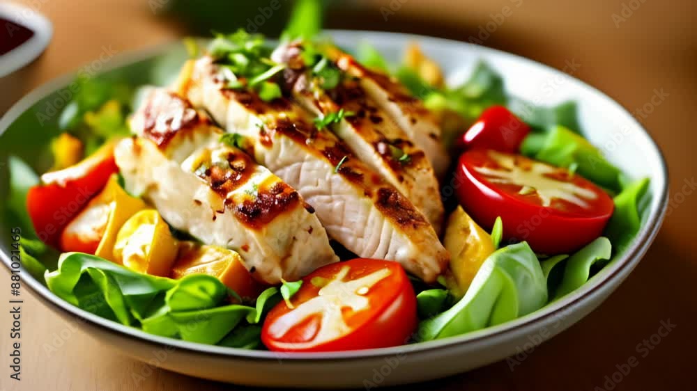 Deliciously grilled chicken and fresh vegetables on a bed of greens Deliciously grilled chicken and fresh vegetables on a bed of greens
