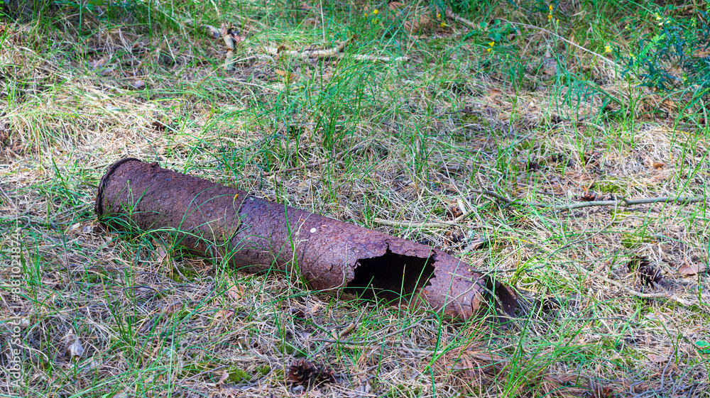 Remains of war mines in the woods. An anti-aircraft bomb from the time of the Great Patriotic War. Remains of war mines in the woods. An anti-aircraft bomb from the time of the Great Patriotic War.