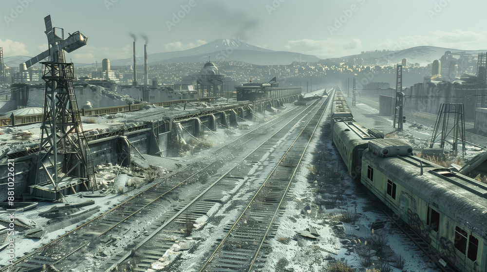 Fototapeta premium A desolate railway yard covered in snow with abandoned trains and industrial structures in a winter landscape