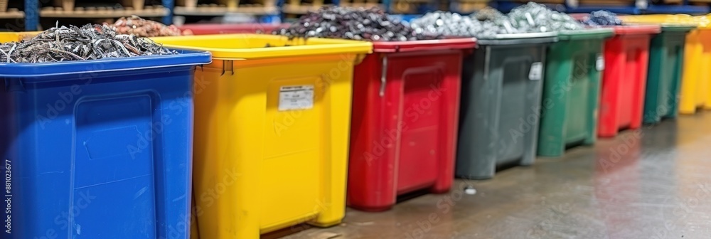 Rows of colorful bins filled with construction waste Rows of colorful bins filled with construction waste