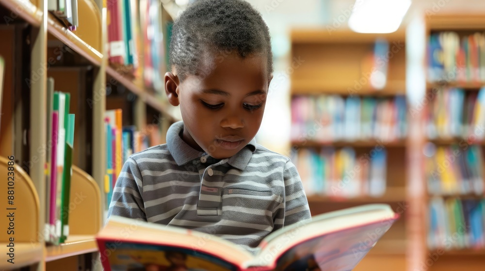 Little boy engrossed in reading at a library, Child Reading, quiet and studious atmosphere Little boy engrossed in reading at a library, Child Reading, quiet and studious atmosphere