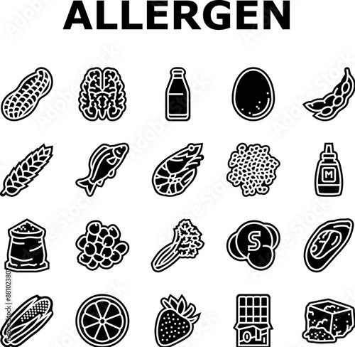 allergen product food free icons set vector. gluten organic, product gmo, label cosmetic, sugar allergy, cruelty allergen product food free glyph pictogram Illustrations