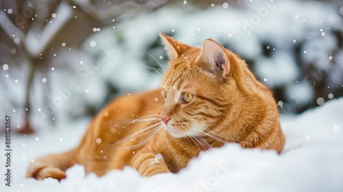 Domestic orange cat during the winter season