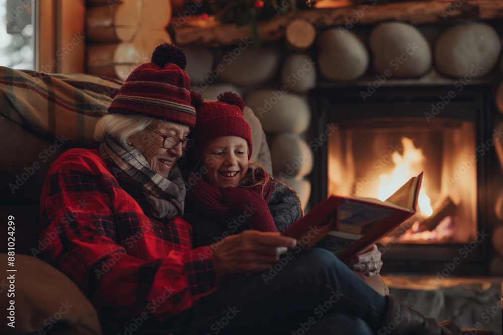 Cozy Winter Evening by the Fireplace with Grandparent and Child Reading a Book Cozy Winter Evening by the Fireplace with Grandparent and Child Reading a Book