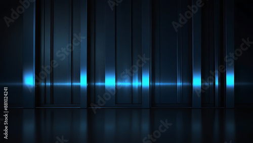 Abstract background with black lines and geometric shapes, dark blue gradient, modern style, sharp edges, light reflection on the surface of the metal strips.