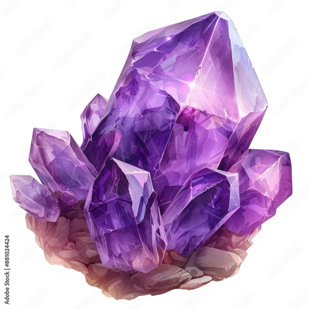 Vibrant purple crystal cluster showcasing intricate and sharp facets, perfect for geological, metaphysical, and decorative contexts, transparent background and watercolor style. Vibrant purple crystal cluster showcasing intricate and sharp facets, perfect for geological, metaphysical, and decorative contexts, transparent background and watercolor style.