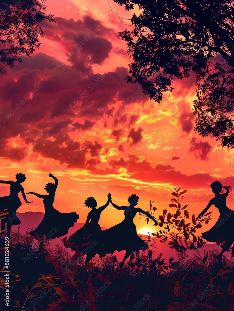 Fototapeta premium A vibrant autumn sunset with orange and pink hues in the sky. In the foreground, silhouettes of women dancing in stylish dresses, creating an atmosphere of fashion and fun.