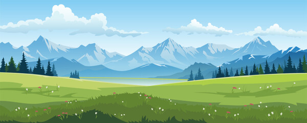 Acrylglasbilder Pistache Alpine meadows and beautiful mountains, forests and lakes, vector illustration. Panoramic landscape of green fields, amazing mountains on a clear day with gentle clouds in the blue sky.  © LoveSan