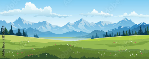 Alpine meadows and beautiful mountains, forests and lakes, vector illustration. Panoramic landscape of green fields, amazing mountains on a clear day with gentle clouds in the blue sky.