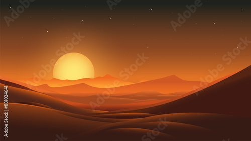 Night desert. Beautiful desert at night. Landscape of late sunset or dawn over sand dunes with an amazing starry sky. Desert vector illustration.
