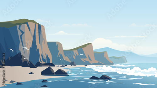 Rocky shore of the beach. Beautiful landscape of rocky sea shore and sandy beach. Ocean waves on a paradise beach with big mountains. Vector illustration.