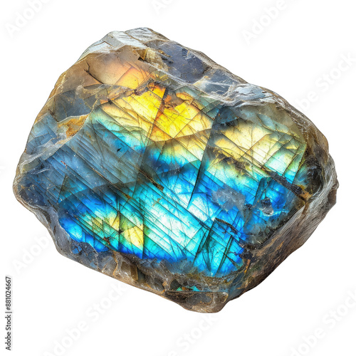 A polished piece of labradorite crystal showing vibrant blue and yellow colors. The gemstone displays iridescent and colorful hues, transparent background. photo