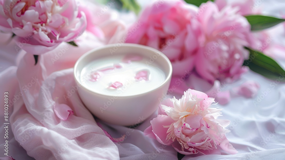 Cream and peony flower bath with milk Ideal care for body and face using natural cosmetics Cream and peony flower bath with milk Ideal care for body and face using natural cosmetics