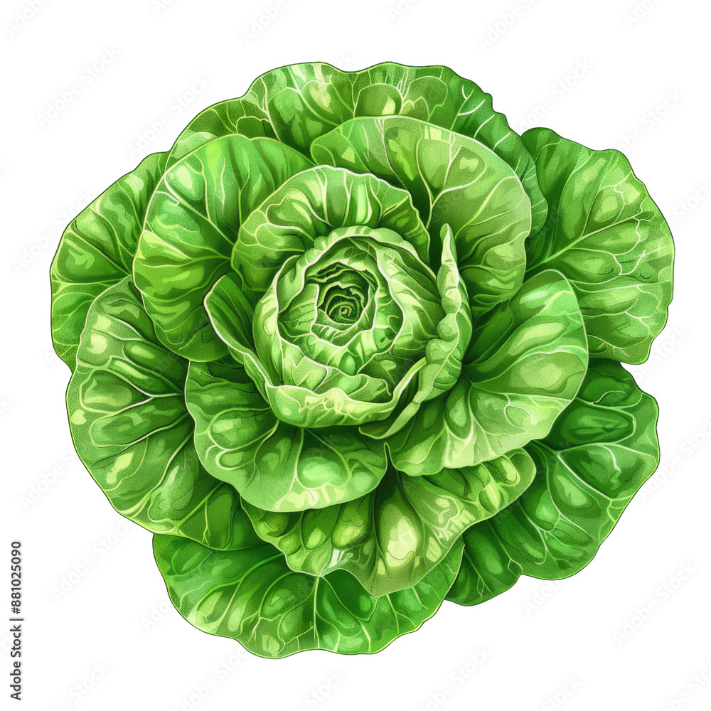Obraz premium Fresh green lettuce isolated on transparent background watercolor style, vibrant and crisp, perfect for healthy salads and cooking ingredients.