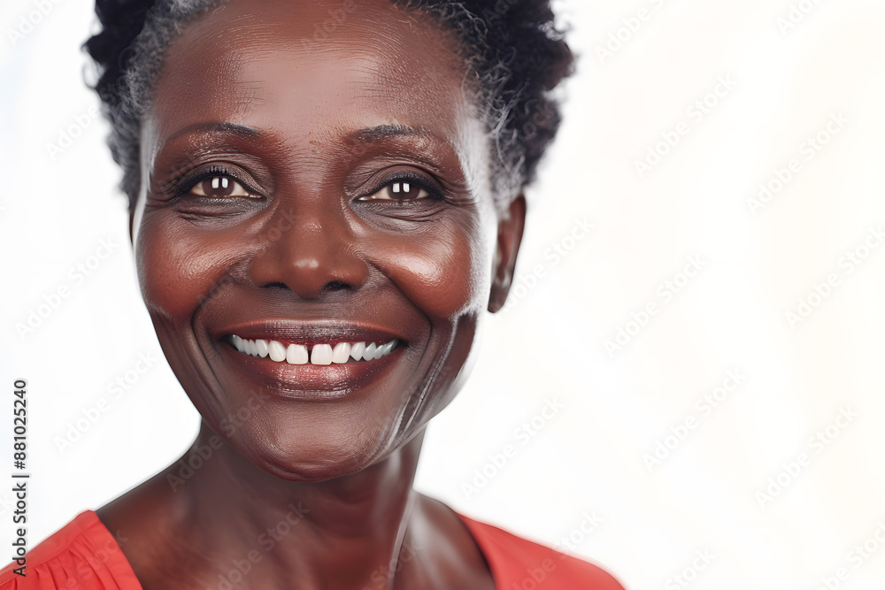 Closeup photo portrait of a happy beautiful elderly mature African American woman smiling isolated on white background Closeup photo portrait of a happy beautiful elderly mature African American woman smiling isolated on white background