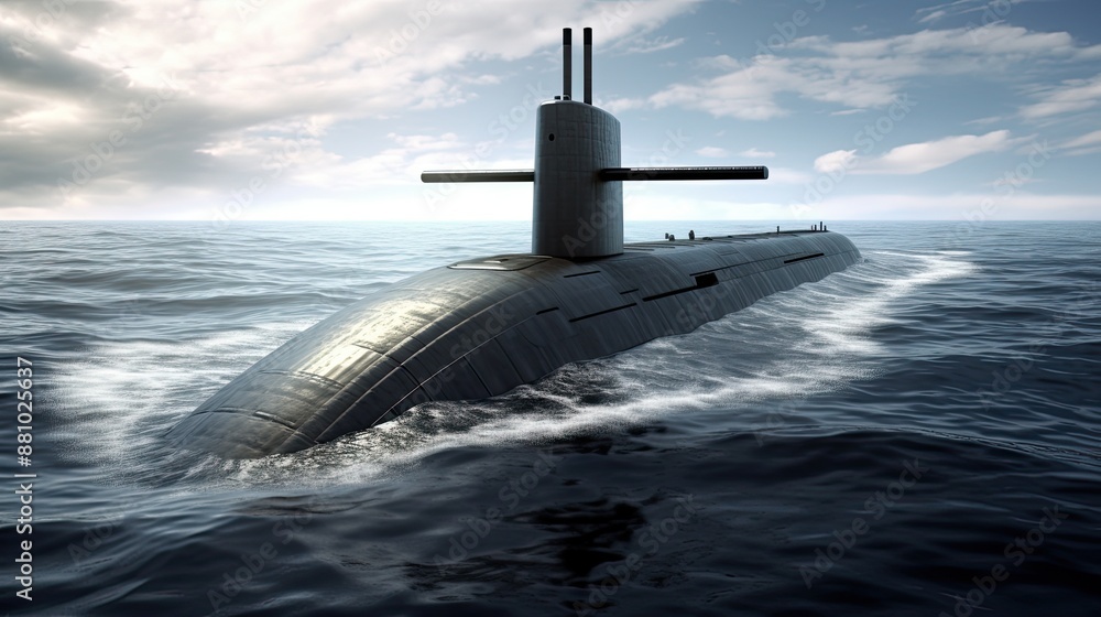 Fototapeta premium Heavy atomic submarine floating in ocean. Excellent aerials over a submarine at sea.